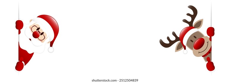 Santa Claus And Reindeer Thumbs Up Banner Inside Dark Red