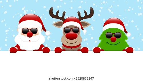 Santa Claus Reindeer And Tree Sunglasses Horizontal Banner Snow Blue Dark Red