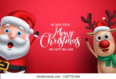 Santa claus and reindeer vector christmas characters waiving hand with merry christmas greeting in red background. Vector illustration christmas template.
