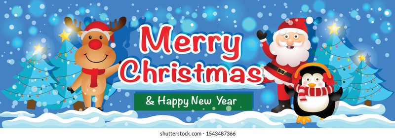 Santa claus and reindeer vector christmas characters waiving hand with merry christmas greeting in blue background. Illustration design for greeting card, poster, banner or print.