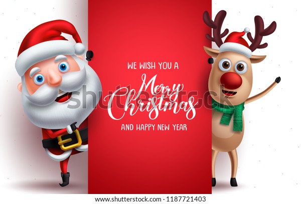 白い背景にサンタクロースとトナカイのベクター画像のクリスマスキャラクターが 楽しいクリスマスグリーティングとボードを持っています ベクターイラストテンプレート のベクター画像素材 ロイヤリティフリー