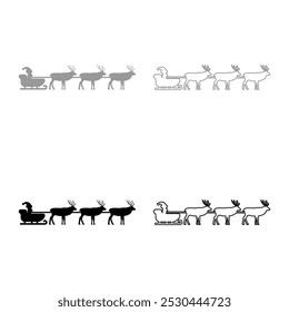 Santa Claus in a reindeer wagon chariot with sled set icon grey black color vector illustration image solid fill outline contour line thin flat style