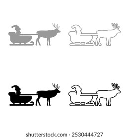 Santa Claus in a reindeer wagon chariot with sled set icon grey black color vector illustration image solid fill outline contour line thin flat style