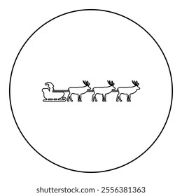 Santa Claus in a reindeer wagon chariot with sled icon in circle round black color vector illustration image outline contour line thin style