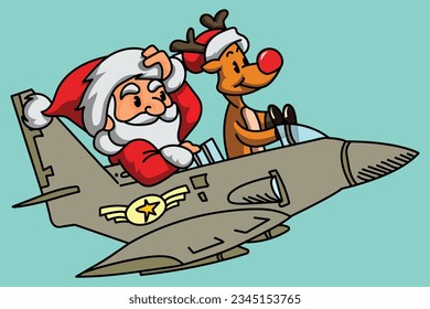 Santa Claus and reindeer in warbird airplane flying on christmas