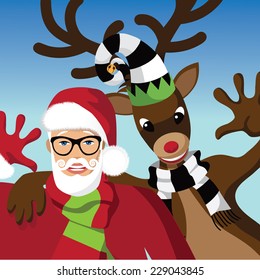 Santa Claus and reindeer wave hello. EPS 10 vector