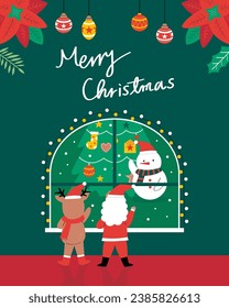 Santa Claus and reindeer wave their hand to snowman. Santa Claus and reindeer are at home. Snowman and Christmas tree at snowfield