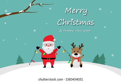 Santa Claus and reindeer waving hands on snowdrift. Merry Christmas Greeting card Blue snow background Vector.