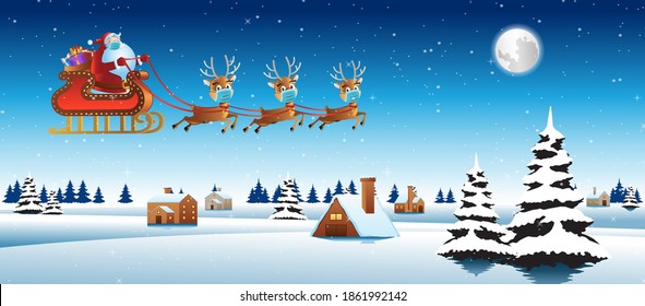 santa claus and reindeer wear mask and fly over village to send gift to everyone,vector illustration