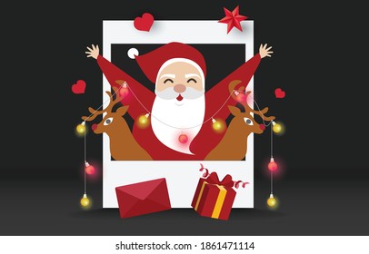 Santa claus and reindeer in white paper window on abstract background with letter, gift, light, star,Christmas tree, design for poster, Christmas invitation card and new year festival.