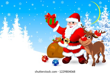 Santa Claus and a reindeer in the winter forest with gifts for Christmas.                                                                                                
                             