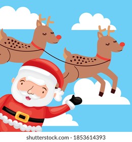 santa claus with reindeers between clouds. vector cartoon