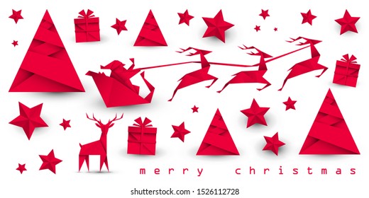 Santa Claus, reindeers, christmas tree and present . Origami greeting card vector.