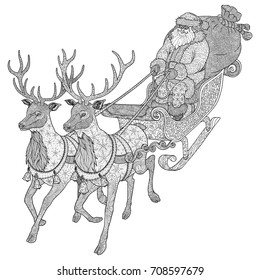 Santa Claus with reindeers doodle coloring book. Behind Santa is gift bag on the sledge. Christmas vector stock illustration isolated on white.