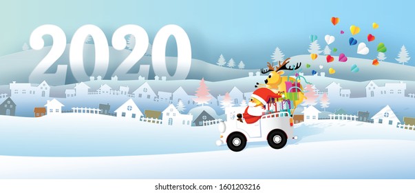 Santa claus and Reindeers drive white car and Festive boxes of Christmas present with ribbon bow and colorful heart for anniversary happy new year, Paper art style, For printing, Vector illustration.