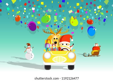 Santa claus and Reindeers drive yellow car go to Merry Christmas and Happy New Year, Used for printing on book cover, banner, magazine, greeting card, vector illustration.