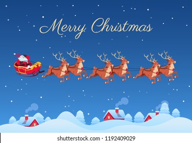 Santa Claus and reindeers. Santa flying over winter landscape. Christmas vector card. Greeting card holiday christmas illustration