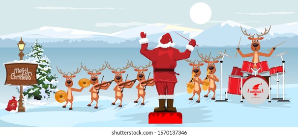 Santa Claus and reindeers with musical instruments New year christmas Orchestra concert on winter landscape scenery. Vector illustration.