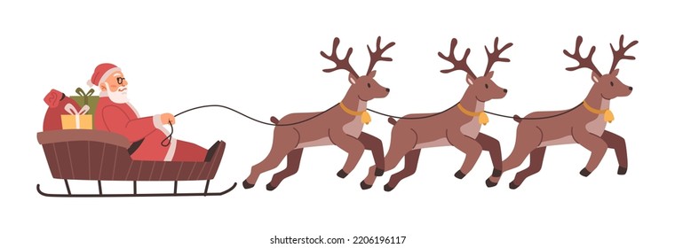 Santa Claus and reindeers in sleigh, isolated Christmas holiday characters. Saint Nicholas with presents for children and kids. Vector in flat cartoon style