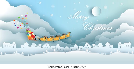 Santa claus and Reindeers with snow sled and Festive boxes of Christmas present with ribbon bow and colorful heart for anniversary happy new year, Paper art style, For printing, Vector illustration.
