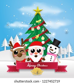 Santa Claus ,reindeer,snow man with snowflake and christmas tree ,merry christmas ,happy new year