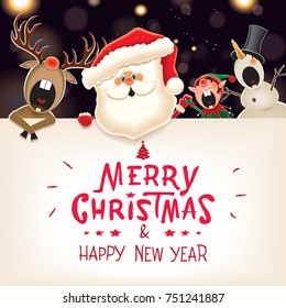 Santa Claus, Reindeer,Snowman and Elf with textual signboard.Christmas companion with Merry Christmas calligraphy lettering.Vector illustration for holiday greeting.