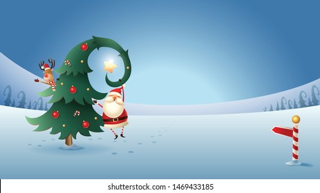 Santa Claus and Reinder with Christmas tree on winter landscape at night