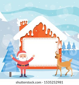 santa claus and reinder with red house between winter landscape. vector illustration