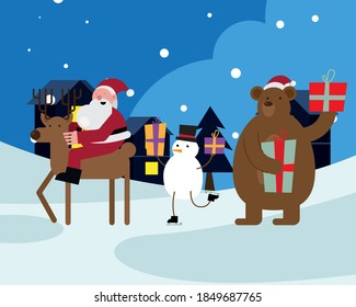 santa claus in reinder with snowman and bear christmas characters vector illustration design