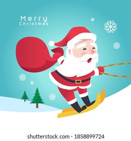 Santa Claus rejoicing on fuzzy wheels, on snowy snow.