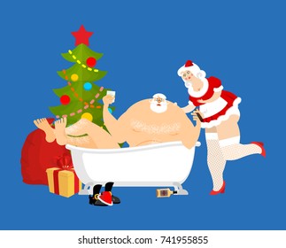 Santa Claus relaxes in bath. New Year and Christmas vector illustration
