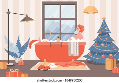 Santa Claus relaxing in bath vector flat illustration. Santa Claus in shower cap taking a bath in bathroom, surrounded by gift boxes and decorated Christmas tree. Cute and funny Christmas card design.