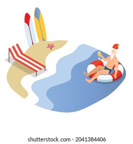 Santa Claus relaxing at beach 3d isometric vector illustration concept for banner, website, landing page, ads, flyer