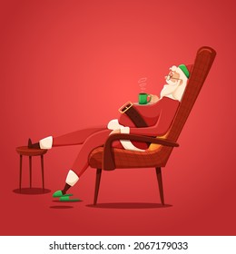 Santa Claus Relaxing At Chair And Having Hot Drink On Red Background.