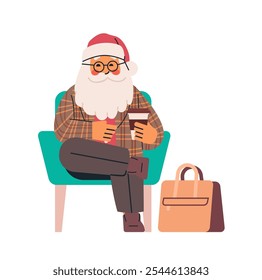 Santa Claus relajante con tazas de café escena acogedora moderna con chaqueta de cuadros sillón y bolsa ambiente festivo de vacaciones