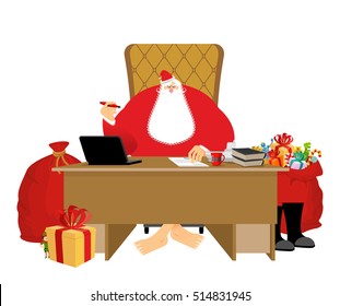 Santa Claus residence. Christmas big boss in Work office. Jobs and armchair chief. Elf helper in green suit. Large red sack of gifts for children. New Year festive decorated Christmas tree.
