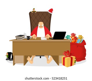 Santa Claus residence. Christmas big boss in Work office. Jobs and armchair chief. Elf helper in green suit. Large red sack of gifts for children. New Year festive decorated fir-tree.