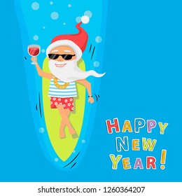 Santa Claus rest on surfboard on the sea with cocktail and sunglasses on a sea blue background cartoon character top view. Happy New Year background 