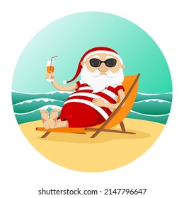 Santa Claus resting in chaise longue and drinking juice. Vector illustration.