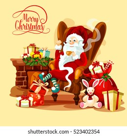 Santa Claus resting with cup of tea near fireplace in living room, decorated with holly berry garland, gift and present boxes, candy cane and toy rabbit. Christmas card or New Year placard design