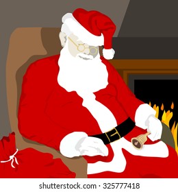 Santa Claus resting near a fireplace after a busy day delivering gifts