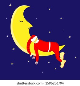 santa claus resting on the moon surrounded by stars