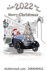 Santa Claus in a retro car with a bag full of gifts in the old city. Christmas greeting card background poster. Holy Night. Vector illustration.