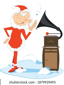 Santa Claus and retro record player illustration. Smiling Santa Claus is listening to music by vintage record player isolated on white
