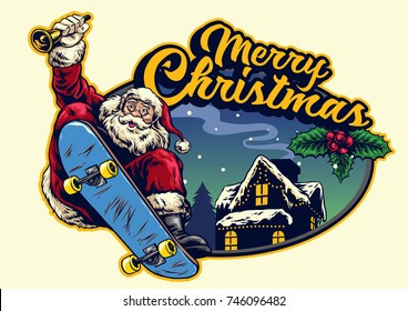 santa claus rid skateboard with christmas greeting