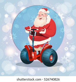 Santa Claus Ride Electric Scooter Christmas Holiday Happy New Year Greeting Card Flat Vector Illustration