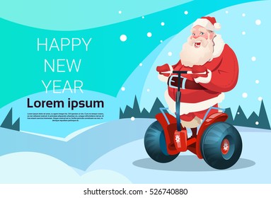 Santa Claus Ride Electric Scooter Christmas Holiday Happy New Year Greeting Card Flat Vector Illustration