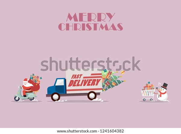 Santa claus ride a motorbike following by\
truck and Snowman push a shopping cart. Christmas delivery service\
Vector illustration