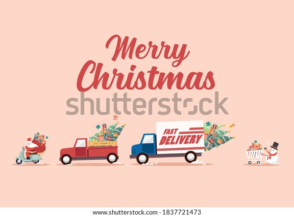 Santa claus ride a motorbike following by\
trucks and Snowman pushing a shopping cart. Christmas delivery\
service Vector\
illustration