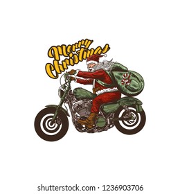 Santa claus ride a motorcycle,design for Prints on T-shirts, sweatshirts, cases for mobile phones, souvenirs. Isolated vector illustration on white background.